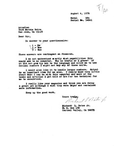 Richard Bates Letter (August 4 1979)